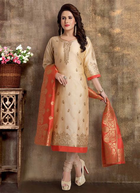 Buy Brocade Fancy Beige Readymade Churidar Suit Online