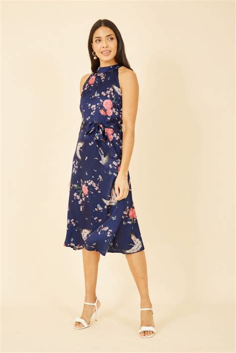 Yumi Navy Satin Crane Print Halter Neck Dress Yumi