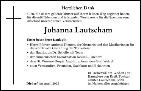 Traueranzeigen Von Johanna Lautscham Augsburger Allgemeine Zeitung