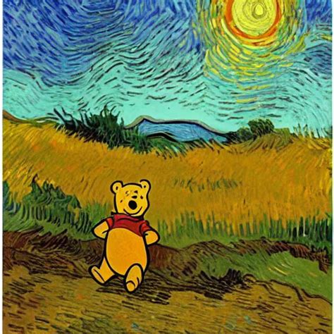 Winnie The Pooh Standing On A Hill With Sunset In Stable Diffusion