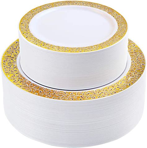 Amazon Munfix 100 Piece Plastic Party Plates White Gold Rim 50