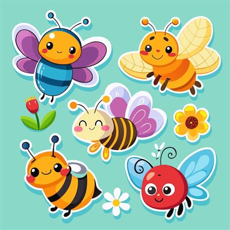 Cute cartoon bee stickers with flowers | Premium AI-generated vector