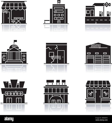 Urban Building Exteriors Drop Shadow Black Glyph Icons Set Stock Vector