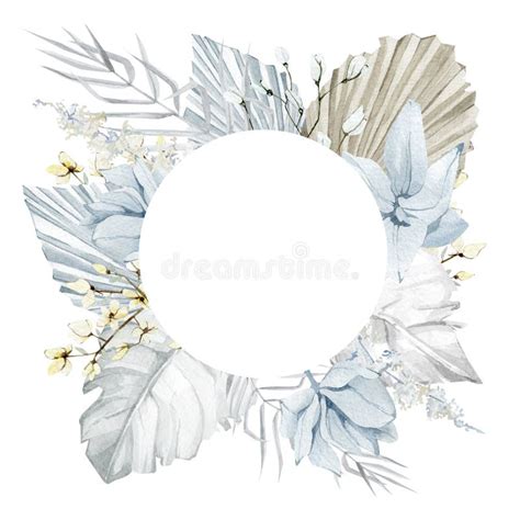 Beautiful Blue Floral Frame With Watercolor Bohemian Tropical Twigs