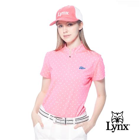 【lynx Golf】女款吸濕排汗機能滿版星星船錨印花lynx旗幟繡花短袖立領polo衫 螢光粉色 Lynx Yahoo奇摩購物中心