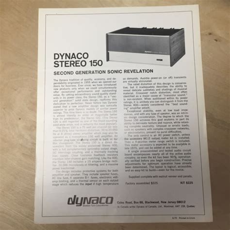 Vtg Dynaco Brochure Stereo 150 Amp St 150 Amplifier Dynakit Spec Sheet