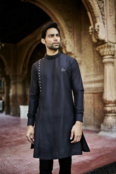 Black One Sided Qurta Gents Kurta Design Mens Kurta Designs Indian