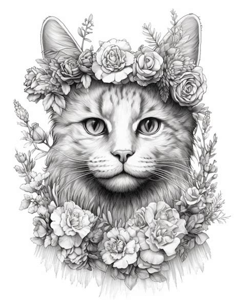 Um desenho preto e branco de um gato flores em sua cabeça