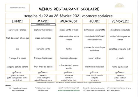 Parents d élèves école Ferdinand Buisson Menu de la semaine du 22 au