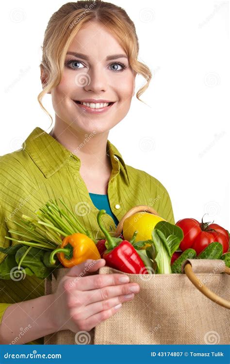 Portrait Of Happy Young Woman Holding A Bag Stock Image Image Of Hand