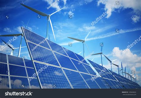 Wind Turbines And Solar Panels Green Energy Stock Photo 145644622