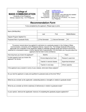 Fillable Online Masscomm Upd Edu Mass Communication Recommendation Form