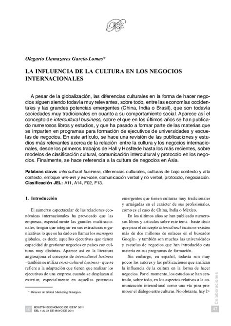 Pdf La Influencia De La Cultura En Los Negocios Internacionales