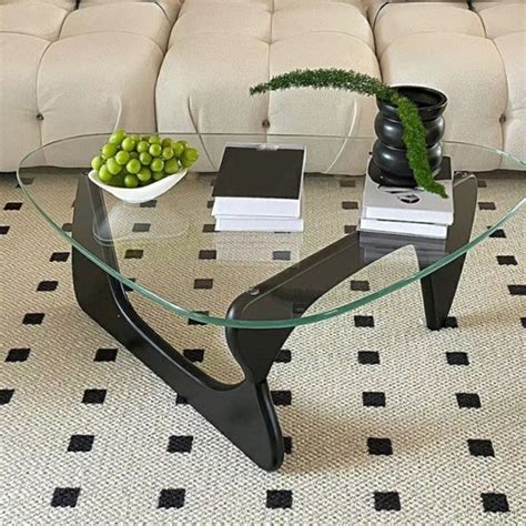 Living Room Modern Triangle Glass Coffee Table With Abstract Wood Base Coffee Tables