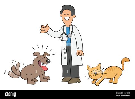 Dibujos Animados El Veterinario Est Con El Gato Y El Perro Y Son Muy