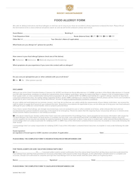 Fillable Online Food Allergy Formrocky Mountaineer Fax Email Print