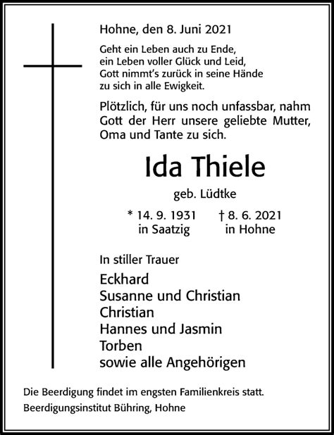 Traueranzeigen Von Ida Thiele Trauerportal Der Celleschen Zeitung