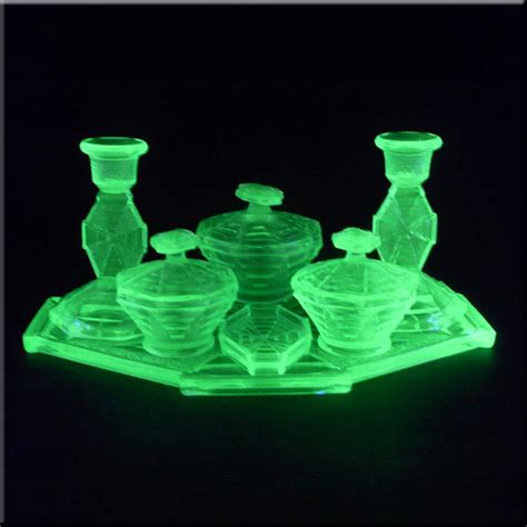 Bagley 3085 Art Deco Uranium Green Glass Trinket Set Green Glass Vaseline Glass Art Deco