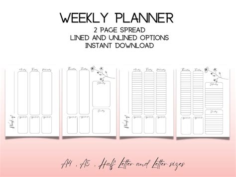 Weekly Planner Printable Bullet Journal Insert Week at a Glance Weekly ...