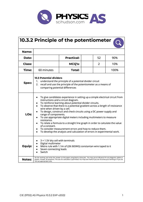 As Physics 9702 Practical 1032 Principle Of The Potentiometer