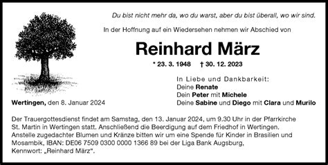 Traueranzeigen von Reinhard März Augsburger Allgemeine Zeitung