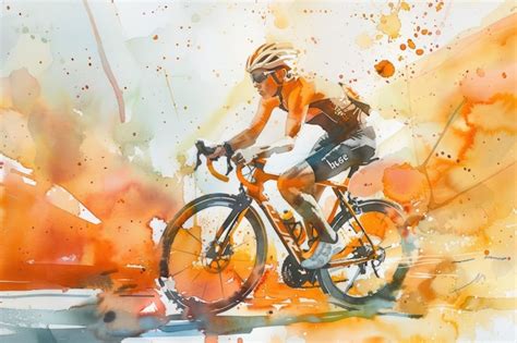 Orange Watercolor Painting Of Woman Cyclist On Road Bike Premium AI