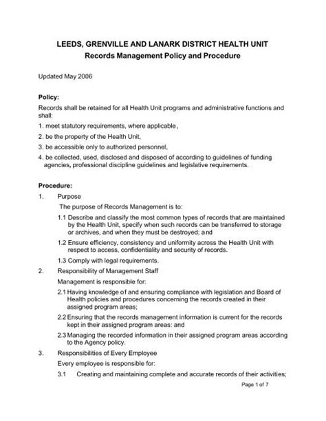 Records Management Policy And Procedure Leeds Grenville And