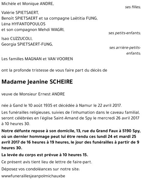 Avis De Décès De Jeanine Scheire Décédé Le 22042017 à Namur Annonce