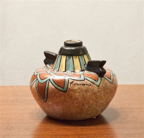 Hand Painted Art Deco Vase By Antoine Dubois For Mons Pottery For Sale