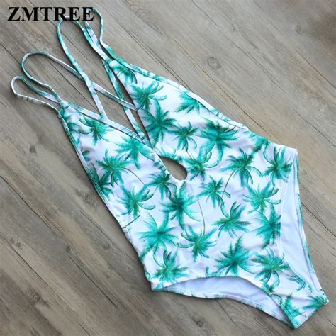 Zmtree Hot 2017 Sexy One Piece Swimsuit Leaf Printed Swimwear Women