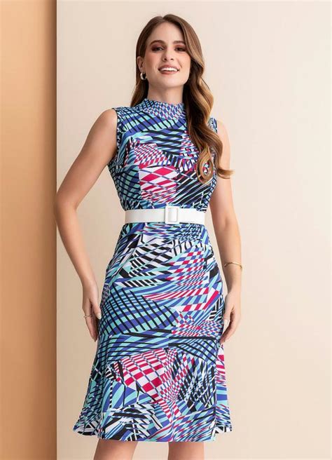 Vestido Abstrato Azul Em Malha Rosalie