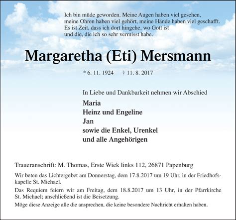 Traueranzeigen Von Margaretha Mersmann Noz Trauerportal