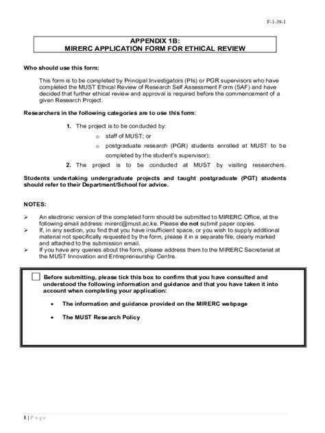 Fillable Online Appendix 1 MIRERC APPLICATION FOR ETHICS REVIEW