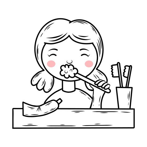 Cute girl is brushing her teeth. Vector illustration in doodles ...