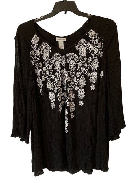 Catherines Shirt Size 5X Black Floral Embroidered Gauzy Cold Shoulder 3