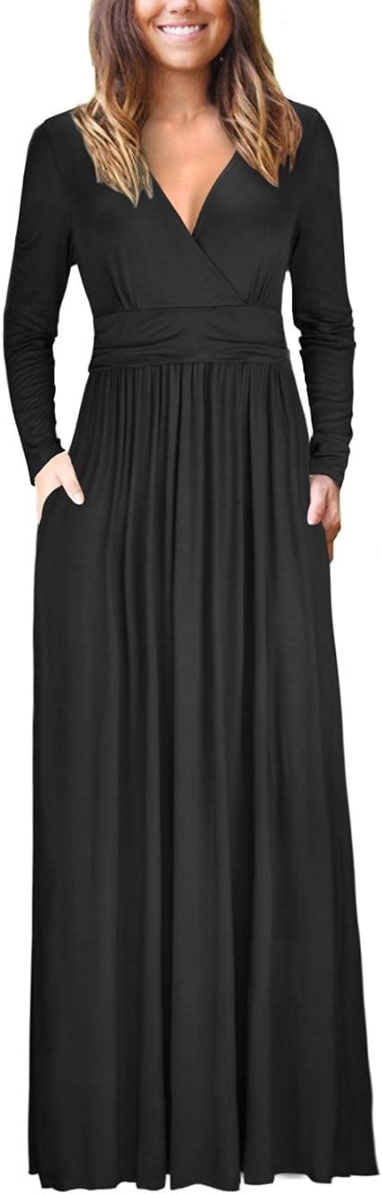 Ouges Womens Long Sleeve V Neck Wrap Waist Maxi Dress