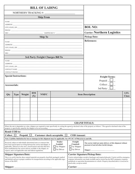 Free Printable Bill Of Lading Templates [excel Word Pdf]