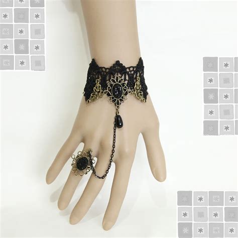 Victorian Gothic Black Lace Wristband Black Bead Embellishment Bracelet