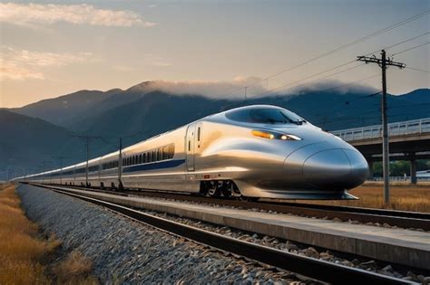 Premium Photo Bullet Train Speeding On Tracks With Mountains