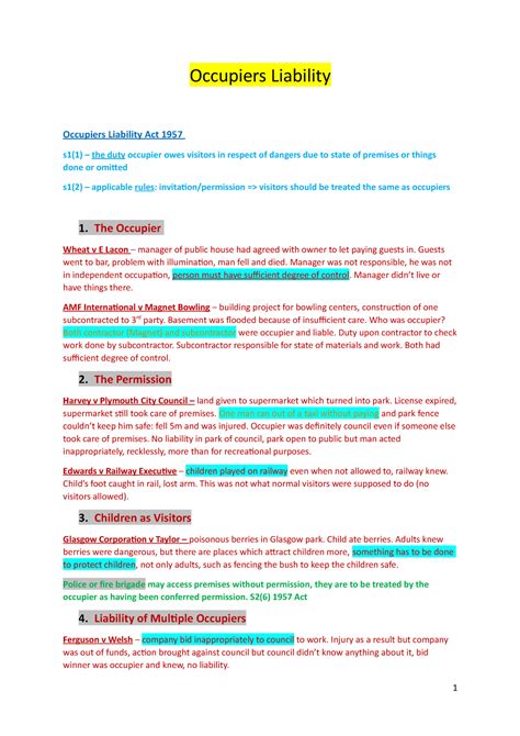 Occupiers Liability Summary Of Notes Used In Open Book Exam