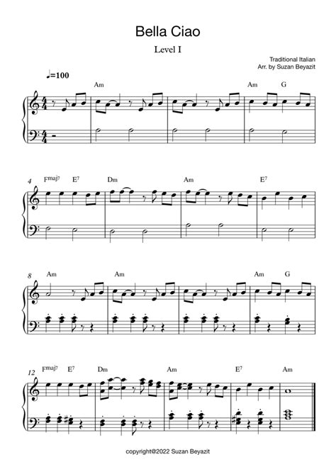 Bella Ciao Level 1 Easy Piano Digital Sheet Music Sheet Music Plus