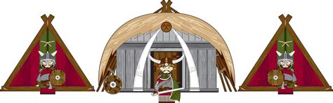 Cute Cartoon Viking Warriors At Homestead Norse History Illustration