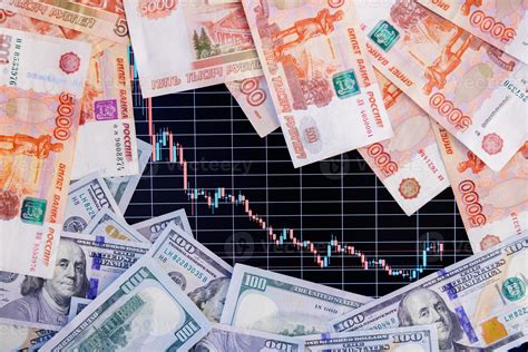 Us Dollar And Russian Ruble Banknotes Over Digital Screen With Exchange