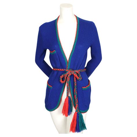 1970s Yves Saint Laurent Blue Ribbed Cardigan Sweater With Braided