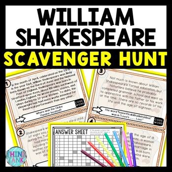 William Shakespeare Scavenger Hunt Reading Comprehension Activity By