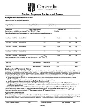 Fillable Online Concordia Csp Student Employee Background Check Form