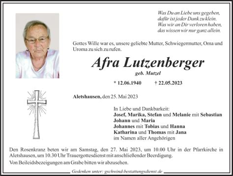 Traueranzeigen Von Afra Lutzenberger Augsburger Allgemeine Zeitung