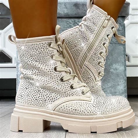 Lemonade Crystal Combat Boots Nude