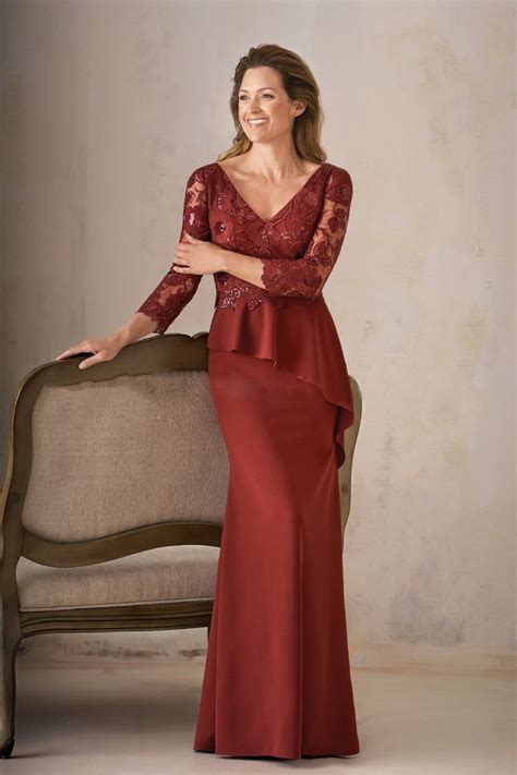 New Burgundy Mother Of The Bride Dresses 3 4 Sleeves Lace Appliqued