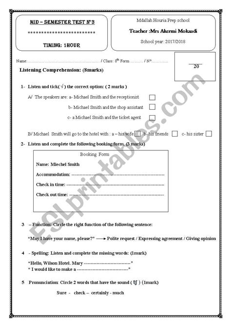 Mid Semester Test N3 8th Form ESL Worksheet By Na3ouma